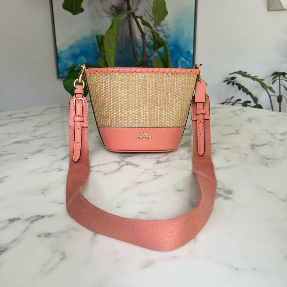 COACH Woven Straw Bucket Bag Crossbody F72707 Natural Light Coral Leather Gold